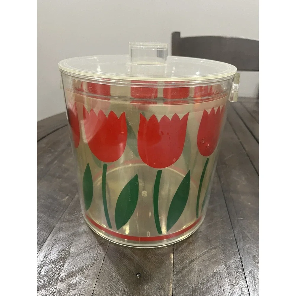 Vintage HJ STOTTER Painted Acrylic Red Tulip Ice Bucket Barware‎ Floral